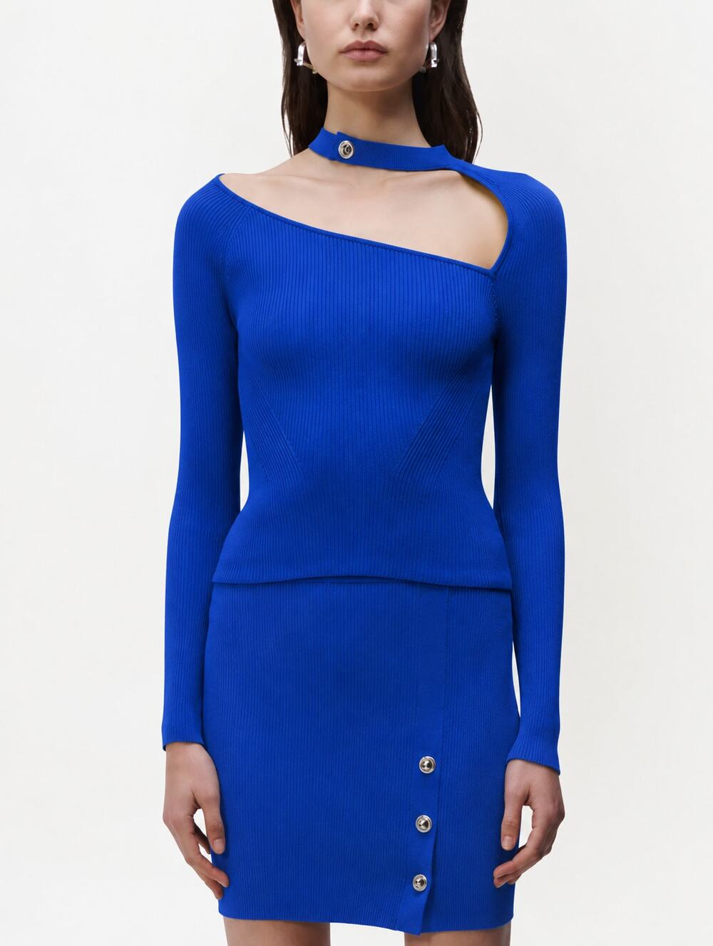 NEW Jonathan Simkhai Lysette Asymmetrical Top Large Blue Ribbed Knit Long Sleeve